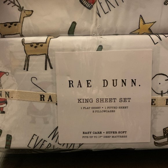 Rae Dunn Bedding Rae Dunn Christmas Merry Everything Santa Reindeer Sled King Sheets Set New